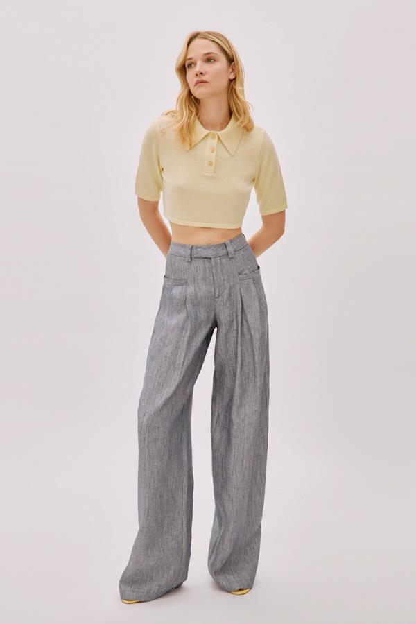 Candice Blue Linen-Blend Striped Pants